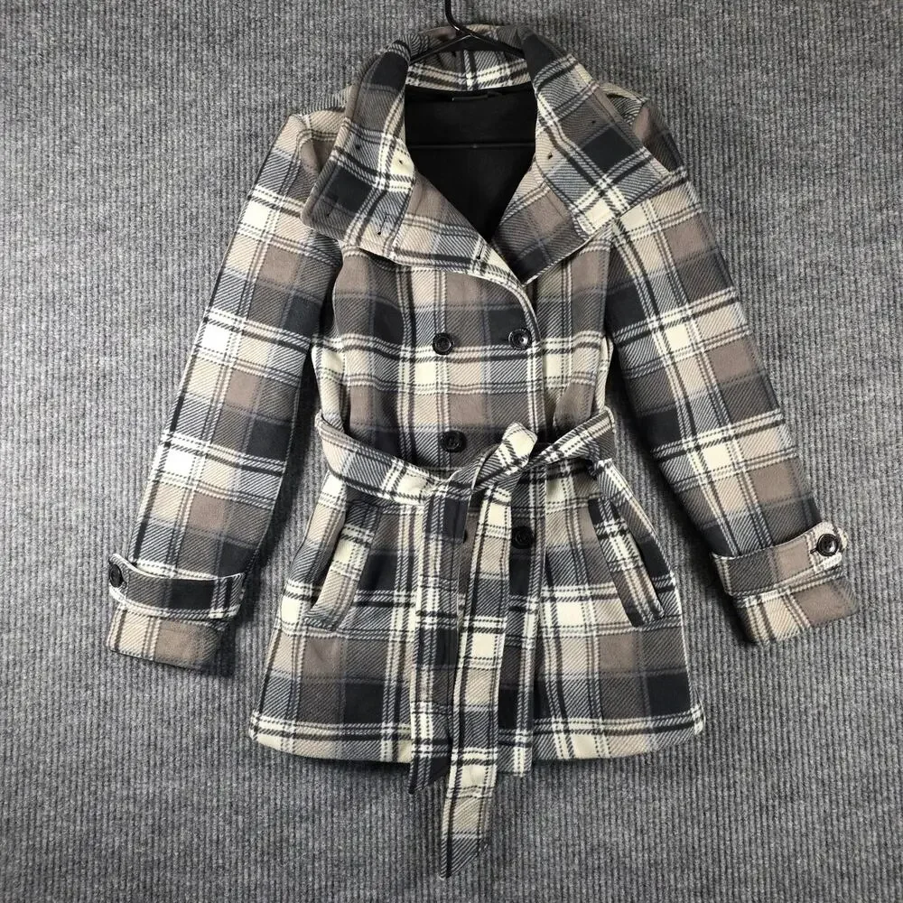 Ike Behar Plaid Peacoat Jacket Belted Double Breasted Gray‎ Cream M